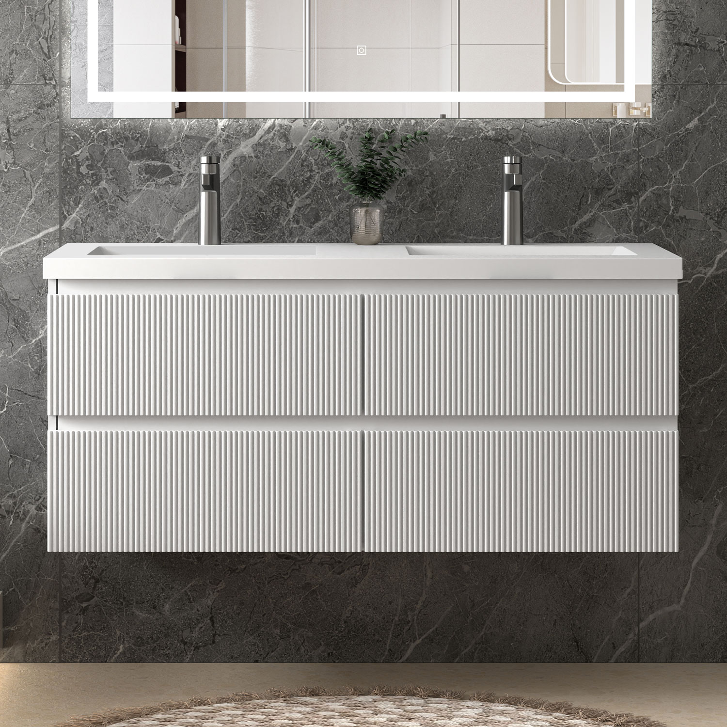 Waschbeckenunterschrank, Unterschrank, Badezimmerschrank, 120x44.5x52cm, Typ C-kunststein Waschbecken, 4 Türen, Badschrank, Weiß