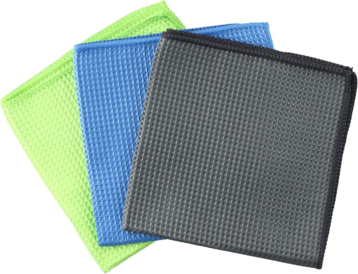Mikrofasertücher, 3er-pack, Waffelmuster, 40 X 40 Cm, Wiederverwendbar Für Autos Und Motorräder (grün, Blau, Grau)