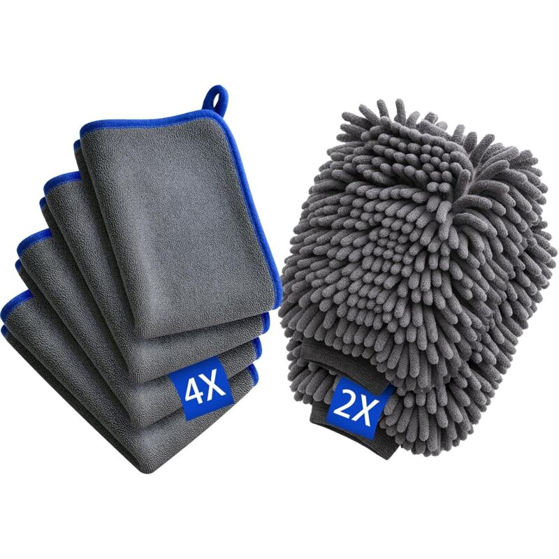 6-teiliges Autoreinigungsset, Autowaschset Mit 4 Mikrofasertüchern (600 G/m²) Und 2 Autowaschhandschuhen, Autopflegezubehör