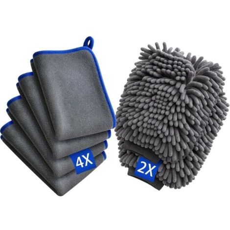 6-teiliges Autoreinigungsset, Autowaschset Mit 4 X 600 G/m² Mikrofasertüchern Und 2 X Autowaschhandschuhen, Autopflegezubehör