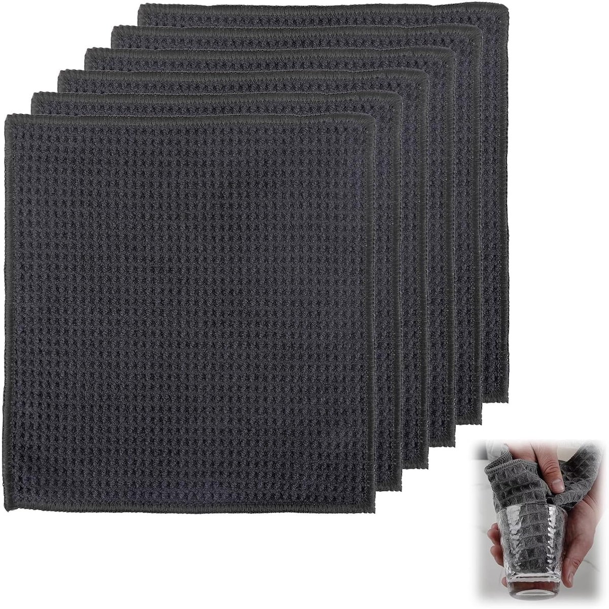6er-set Mikrofasertücher, Waffelstruktur, Saugfähig, Streifenfrei, Wiederverwendbar Für Küche, Glas Und Auto, Schwarz, 20 X 20 Cm