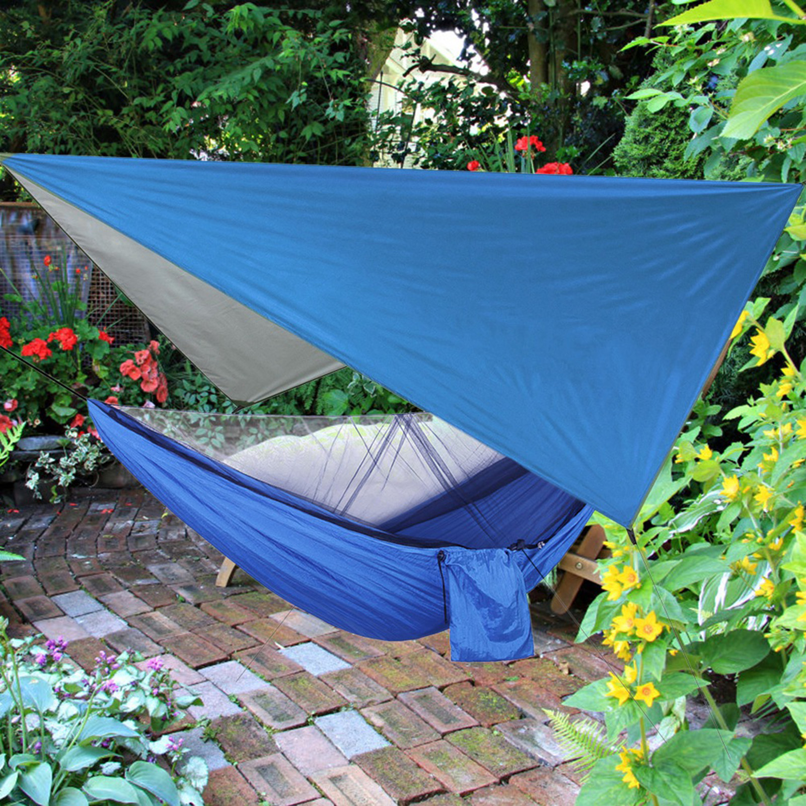 Tragbares Moskitonetz-hängematten-set Für Garten, Hof, Reisen Und Camping (farbe Des Erdspießbeutels Zufällig) (blaues Baldachin, Blaue Hängematte)