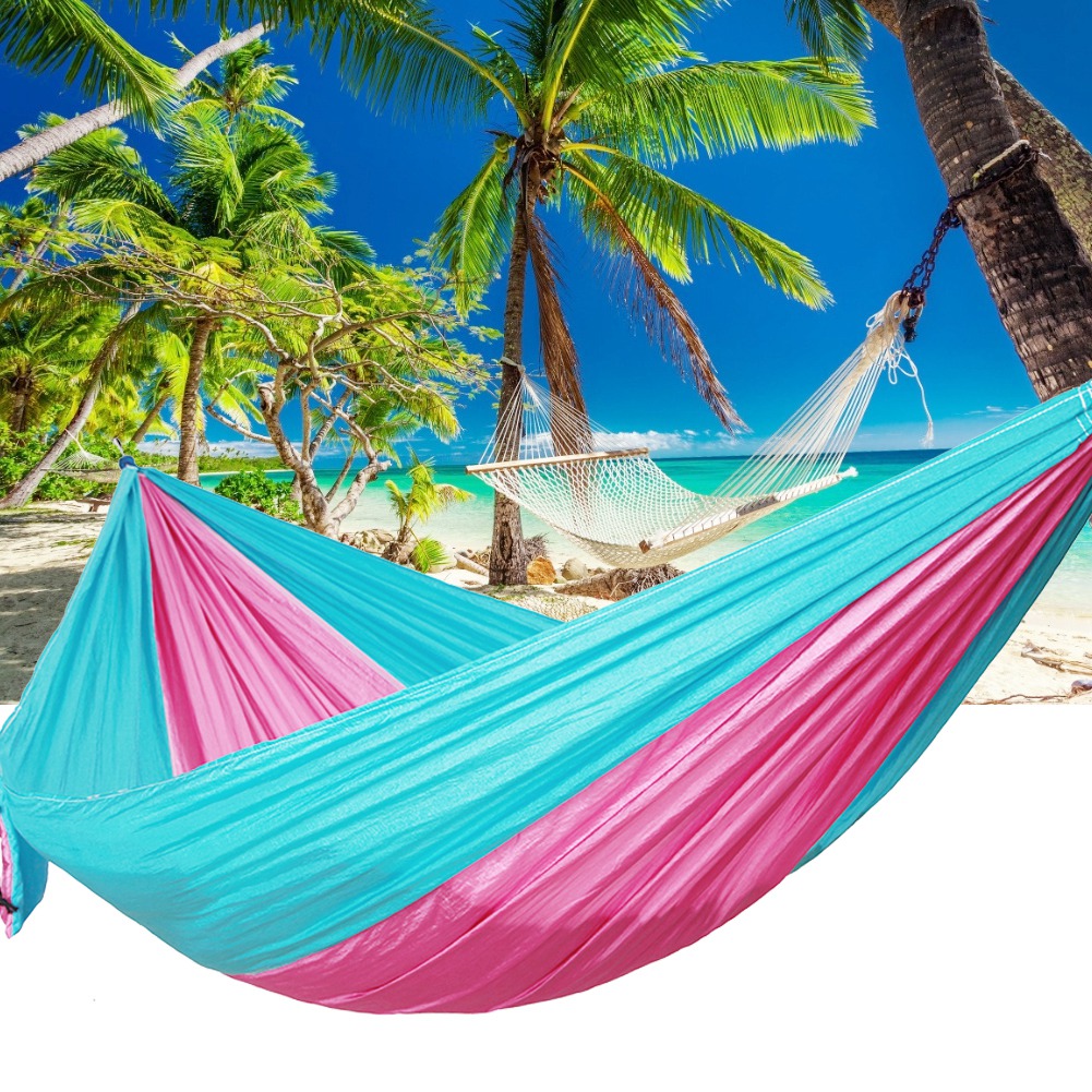 Tragbare Camping-reise-doppelhängematte Mit Baumgurt (hellblau + Rosa)