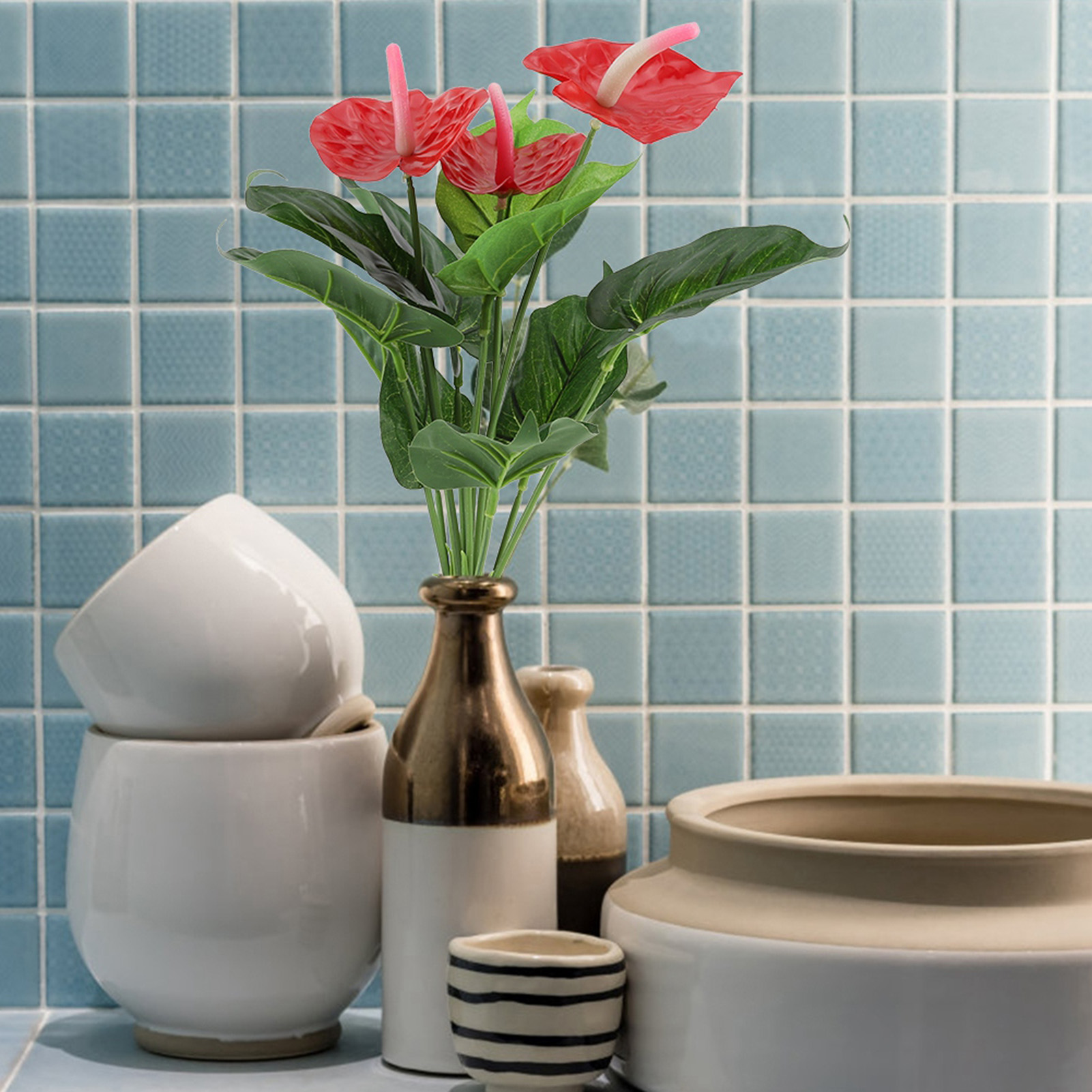 Künstlicher Blumenstrauß Aus Roten Anthurien Aus Kunststoff – Dekoration Für Hochzeiten, Zuhause Und Garten