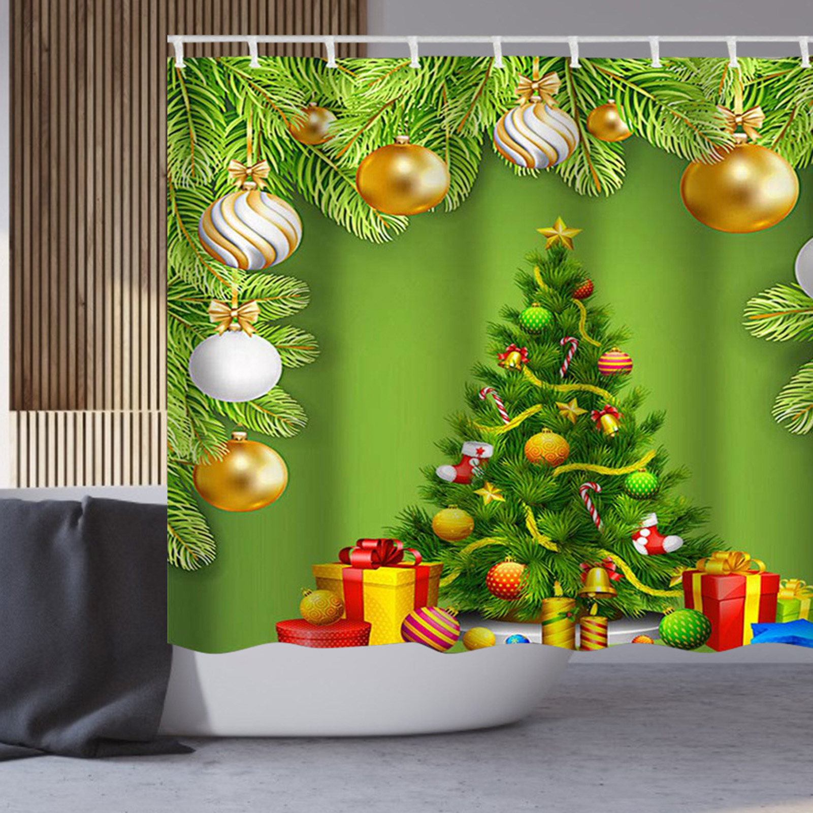 150 X 180 Cm Großer, Wasserdichter Duschvorhang Mit Weihnachtsbaum-motiv Und Haken Zur Badezimmerdekoration