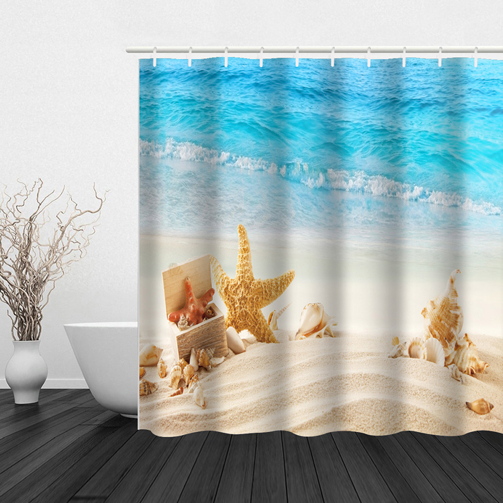 Wunderschöner Duschvorhang Mit Strandmotiv, Wasserdicht, Schimmelresistent, Bedruckt, Inklusive Haken, 180 Cm X 180 Cm