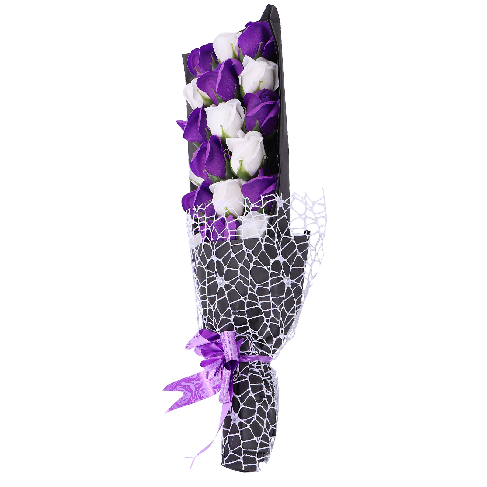 Innovativer Künstlicher Rosenstrauß Aus Seifenblumen – Ideales Geschenk Für Hochzeiten, Valentinstag Und Andere Festliche Anlässe. Lila Und Weiß + Geschenkbox
