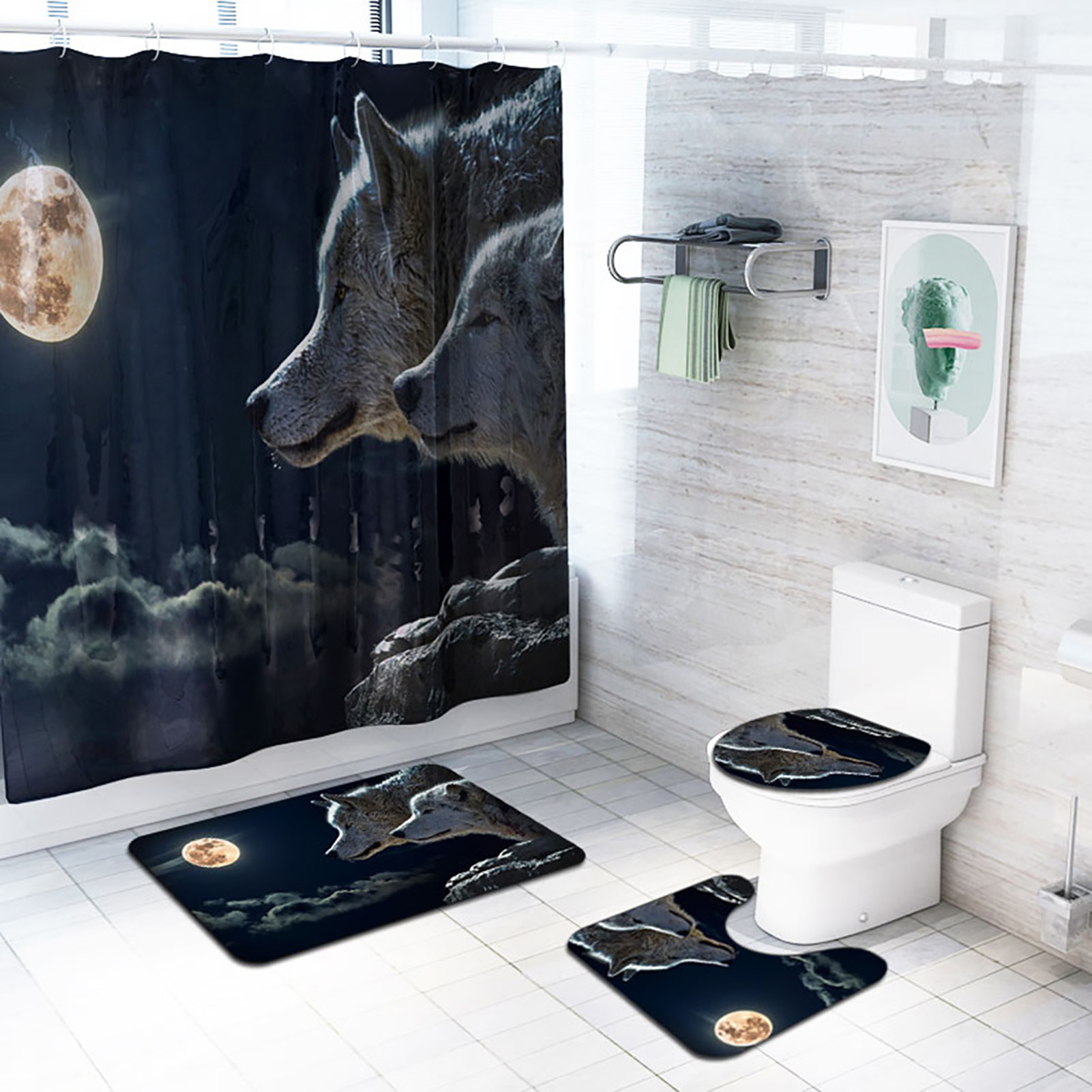 3-teiliges Duschset Mit Nachtmotiv: Wasserdichte, Rutschfeste Badematte, Wc-deckelbezug