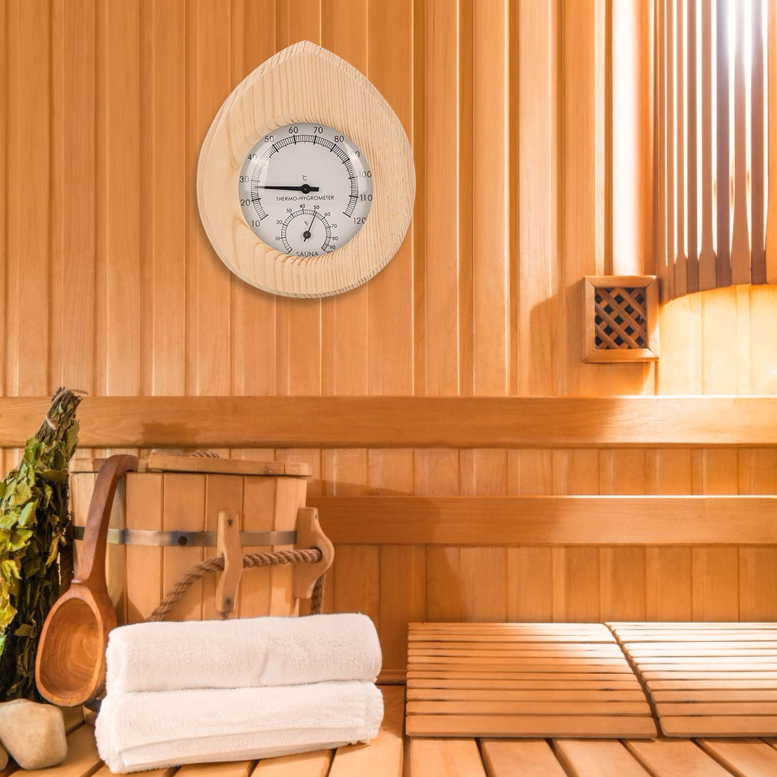 Tropfenförmiges 2-in-1-thermo-hygrometer Aus Holz – Thermometer Und Hygrometer Für Dampfbad Und Sauna
