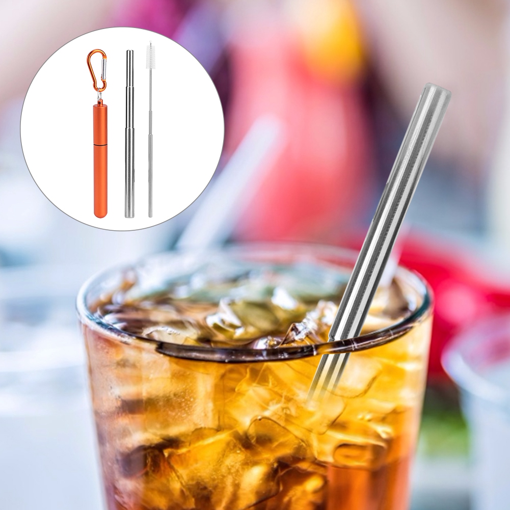 Tragbares Edelstahl-einziehstrohhalm-reinigungsset Mit Wiederverwendbarer Strohhalmbürste Für Picknicks (orange)