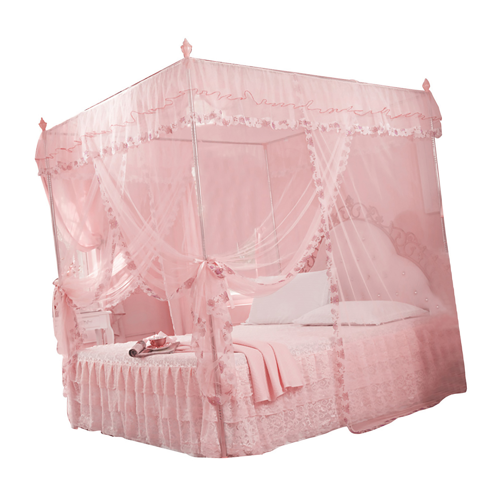 Luxuriöses Prinzessinnen-bett Mit 3 Seitlichen Öffnungen, Himmelbettvorhang, Moskitonetz (rosa, Größe M)