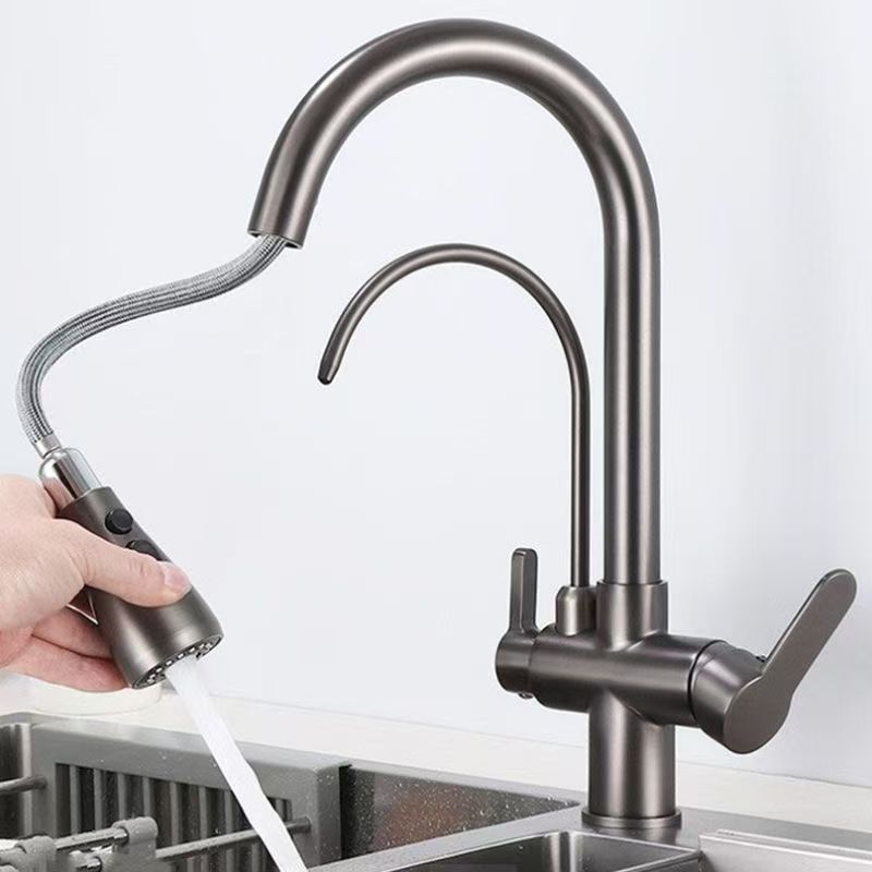 Küchenarmatur Komplett Aus Kupfer, Ausziehversion, Warm- Und Kaltwasser, 3-in-1-armatur Für Spülbecken Und Gemüsewaschbecken - Korpus Aus Gunmetal-grauem Kupfer [ein-knopf-absperrventil]