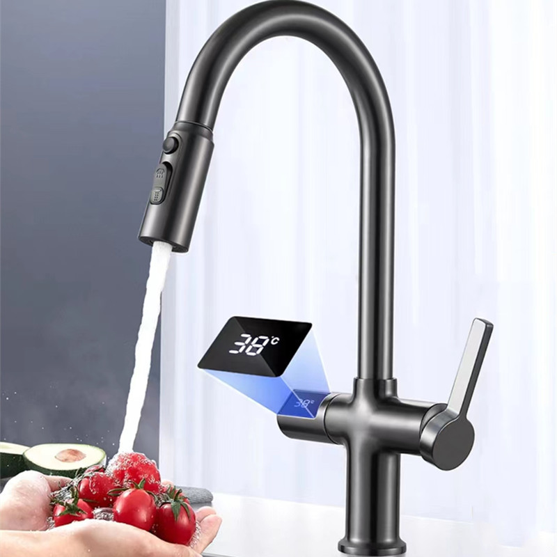Küchenarmatur Mit Drei Funktionen, Komplett Aus Kupfer, In Gunmetal-grau, Mit Digitaler Anzeige Und Zulaufrohr Für Warm- Und Kaltwasser – Inklusive Zulaufrohr.