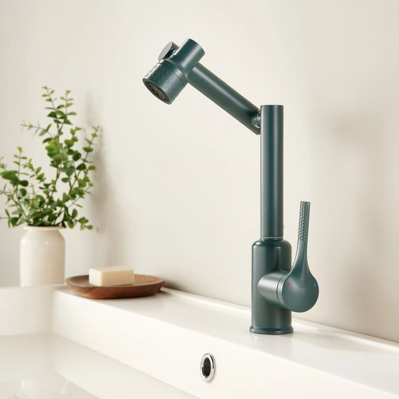 Edelstahl-wasserhahn „lucky Cat“ Für Warm- Und Kaltwasser, Geeignet Für Badezimmer, Mit Mechanischem Arm, Universell Drehbar, Für Waschbecken Und Spülen – Grünes Modell [drei Wassergeschwindigkeiten]