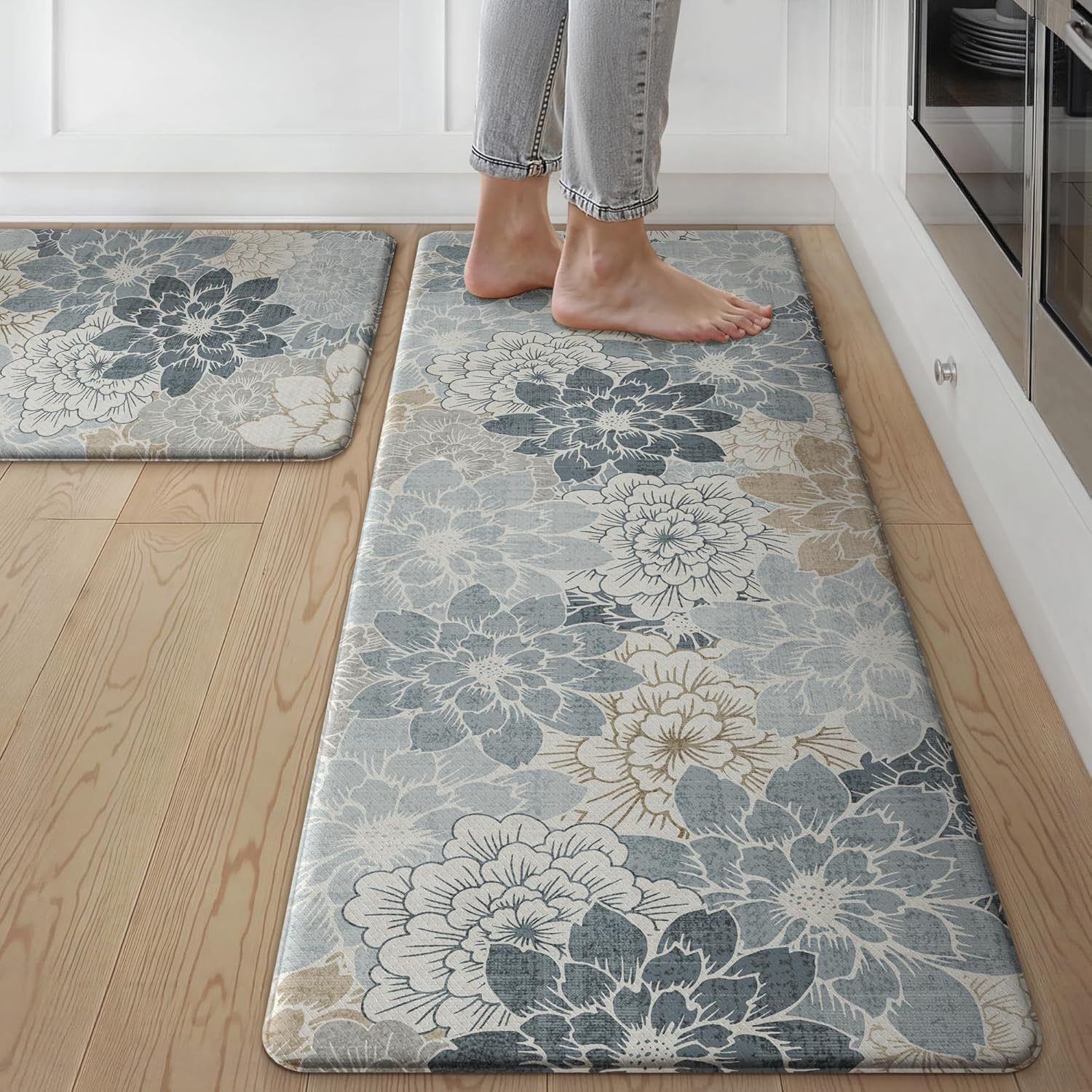 Küchenmatte, Saugfähig Und Rutschfest, Aus Pvc, Ölbeständig, Abwaschbar, Lange Streifenmatte Für Den Wintereingang – Blumenmuster – Hellblau – 44 X 75 X 1,0 Cm