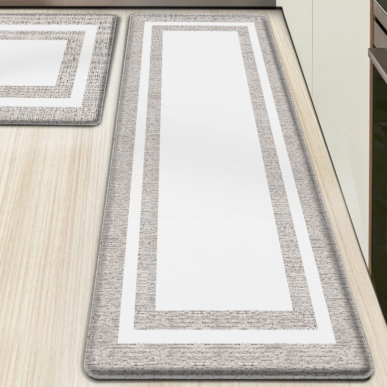 Große, Verdickte Pvc-küchenmatte, Teslin-imitat Mit Doppelrahmen, Wasserdicht, Ölabweisend, Rutschfest – Hellgrau – 60 X 180 X 1,0 Cm