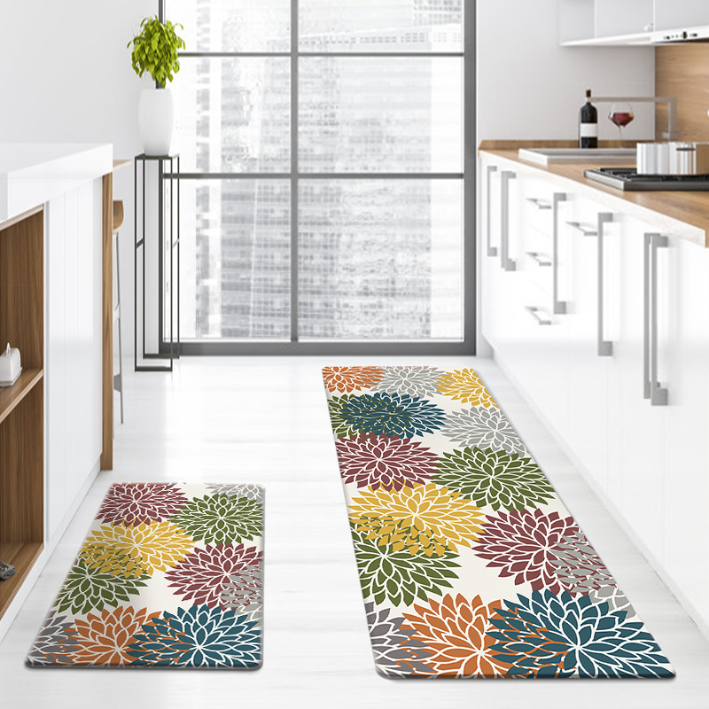 Lange Küchenmatte Aus Pu-leder Mit Blumenmuster, Wasserdicht, Ölabweisend, Rutschfest, Geeignet Für Zuhause, Eingangsbereich Und Als Fußmatte – Mehrfarbiges Blumenmuster – 44 X 150 X 1,0 Cm