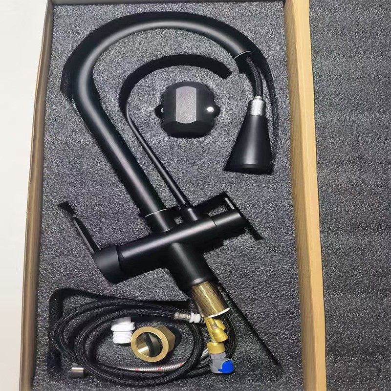 Ausziehbare Küchenarmatur Aus Vollkupfer, Warm- Und Kaltwasser, 3-in-1-armatur Für Spülbecken Und Gemüsebecken - Leichtmetalllegierung, Schwarz [ein-knopf-absperrventil]