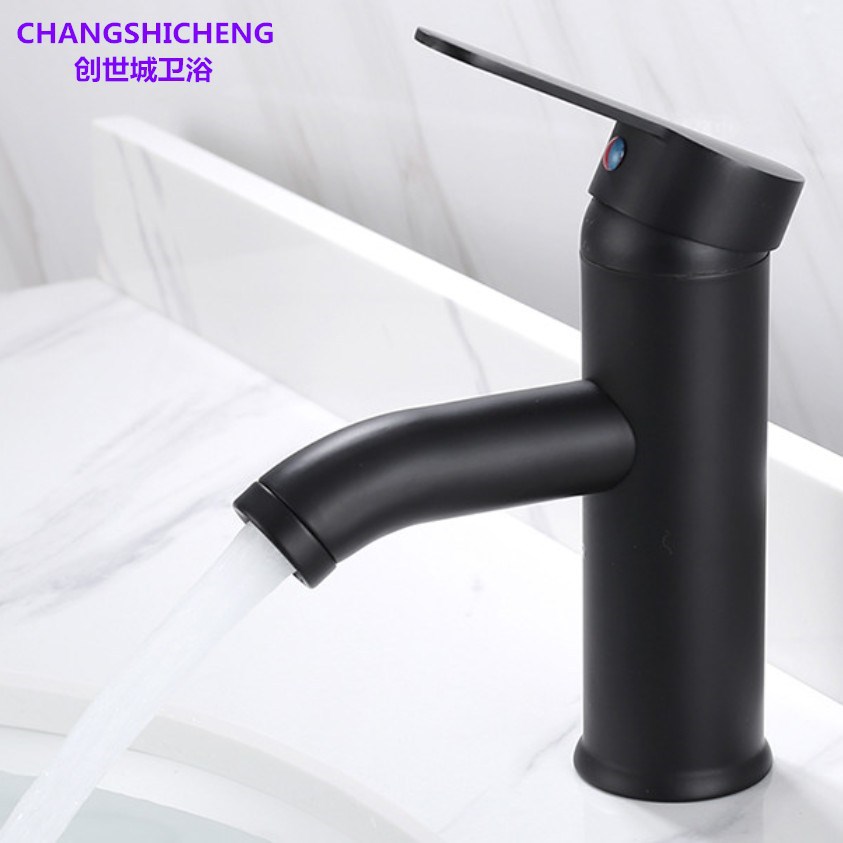Schwarzer Edelstahl-waschtischhahn Für Warm- Und Kaltwasser, Geeignet Für Waschtische, Waschbecken Und Handwaschbecken – Spritzwassergeschützt. Flaches Modell Aus Schwarzem Edelstahl.