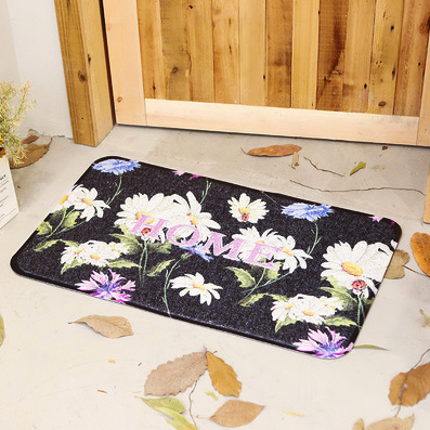Strapazierfähige, Robuste, Rutschfeste Und Staubabweisende Pvc-fußmatte Für Bad- Und Kücheneingänge – Home Schwarzer Hintergrund Mit Bunten Blumen – 45 X 75 Cm