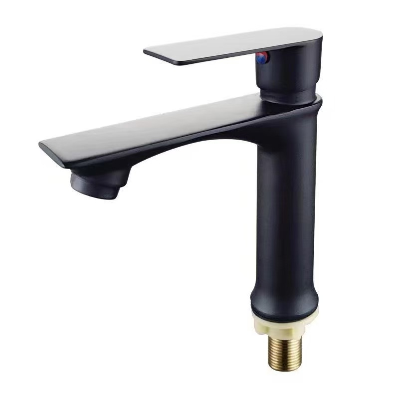 Waschtischarmatur, Einloch-waschtischarmatur, Unterbauarmatur, Kaltwasserventil, Langes, Flaches, Schwarzes Low-profile-modell.