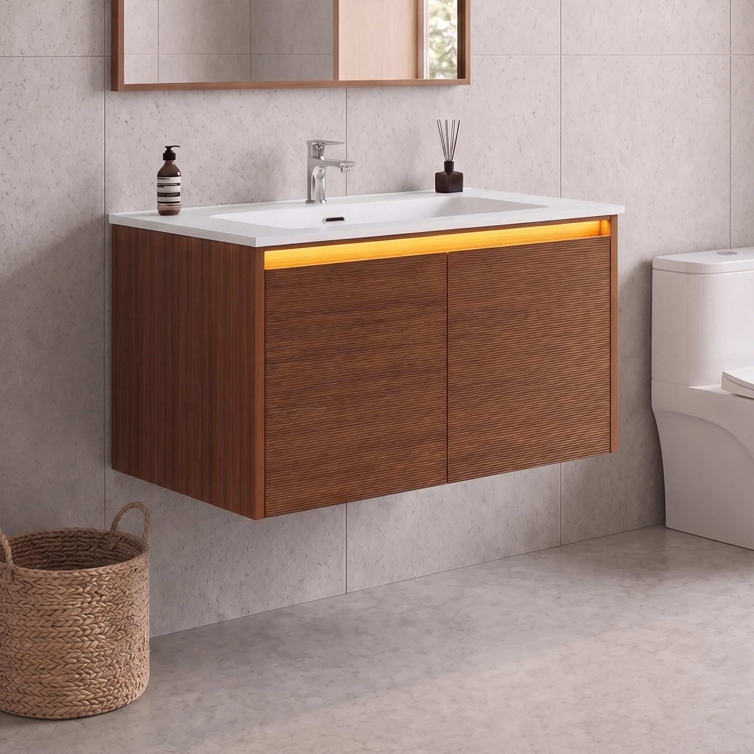 Sonni Badmöbel-set Mit Waschbecken Aus Quarz-kunststein, Led-sensorbeleuchtung Und Türen Mit Push-open-mechanismus, 790 × 495 × 450 Mm