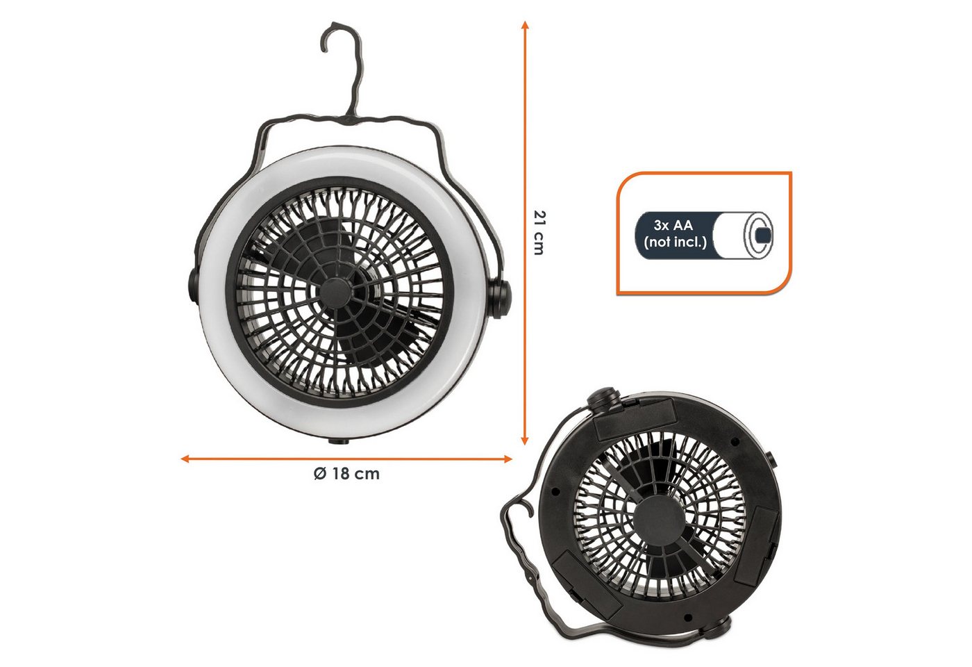 2in1 Campinglampe Kaltweiß Mit Ventilator Batteriebetrieben - 18 Cm - Mini Zeltventilator Tragbar Mit Led Beleuchtung Bild 3
