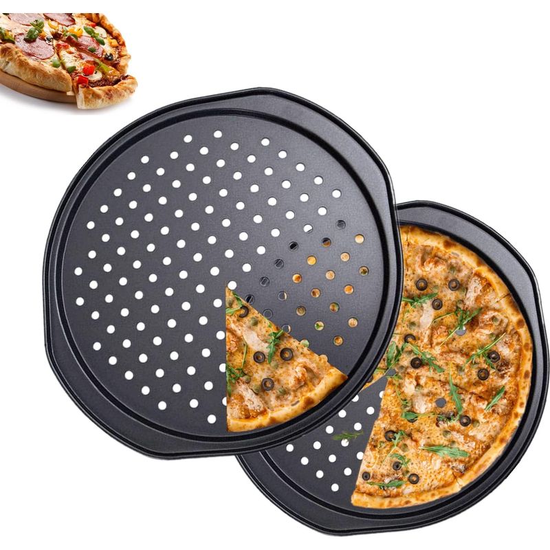 Set Mit 2 Runden Pizzablechen (33,5 Cm Durchmesser), Antihaftbeschichtet, Perforiert, Aus Kohlenstoffstahl