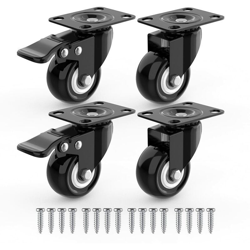 Lenkrollen Für Möbel, 2 Mit Bremsen + Schrauben – 50 Mm, Bis 100 Kg – Abriebfeste Rollen Für Schwere Lasten – Gummiräder Für Transportwagen – Schwarz
