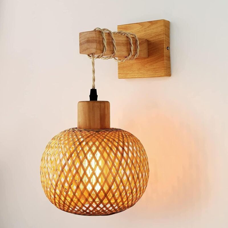 Vintage-wandleuchte Für Den Innenbereich, Wandleuchte Aus Holz Und Metall, Retro-käfigwandleuchte E27 Mit Rattanschirm Für Wohnzimmer, Schlafzimmer, Flur, Esszimmer, Max. 60 W (leuchtmittel Nicht Enth