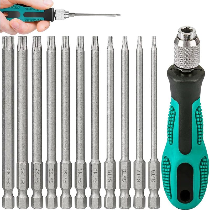 11-teiliges Handschraubendreher-set, Sechskantschaft, 100 Mm Lang, Mit 1 Handgriff, S2, 1/4-zoll-torx-schraubendreherbits Mit Präzisions-sechskantschaft, T6-t40-kopf