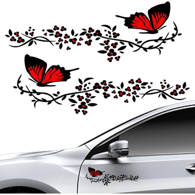 Autoaufkleber, Autoaufkleber Mit Schmetterlings- Und Blumenmuster, Personalisierte Aufkleber Für Motorhaube, Motorrad, Skateboard, Koffer, Wände (rot Und Schwarz)