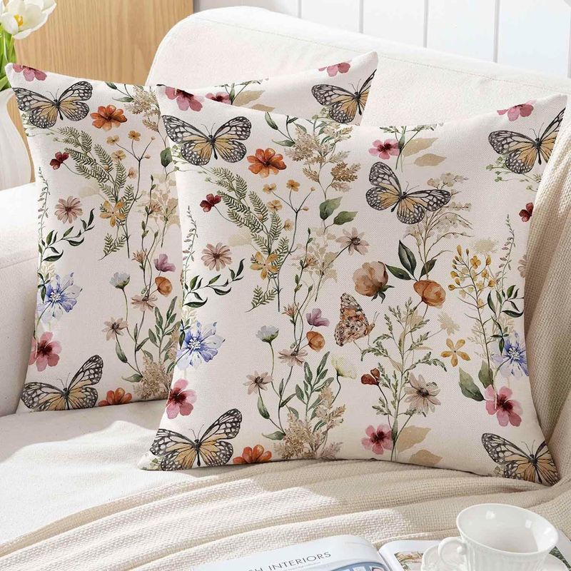 Frühlingskissenbezug 45x45 Cm Mit Blumenmuster Für Gartensofas, Dekoratives Sofakissen Mit Beigen Rosenblüten, Blättern Und Schmetterlingen, 2er-set
