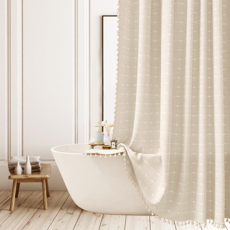 Duschvorhang Aus Leinen Im Boho-stil, 183 X 198 Cm – Dickes Material (330 G/m²) Mit Quasten – Rustikaler Stil Fürs Badezimmer