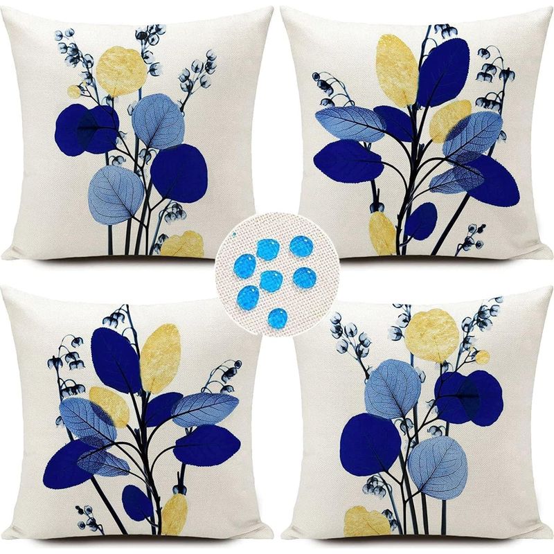 Set Mit 4 Wasserdichten Outdoor-kissenbezügen In Marineblauer Blattform – Künstlerische Dekoration Für Sofa, Wohnzimmer Und Garten – 45 X 45 Cm