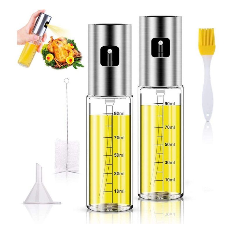 2er-set Ölsprüher (100 Ml) Mit Skala, Olivenölsprüher Mit Trichter, Küchenölsprüher Aus Edelstahl Mit Ölpinsel Und Reinigungsbürste