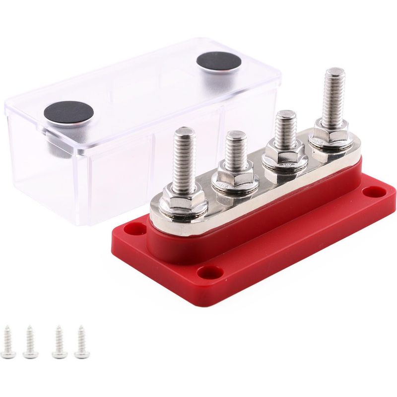 Stromschienen-klemmenblock M8 12v 300a, Stromschiene Aus Kupfer, 12–48 V Dc, Robuste Stromschiene Mit 4 X M8-anschlüssen, Stromverteilerblock Mit Erdung Und Abdeckung, Rot