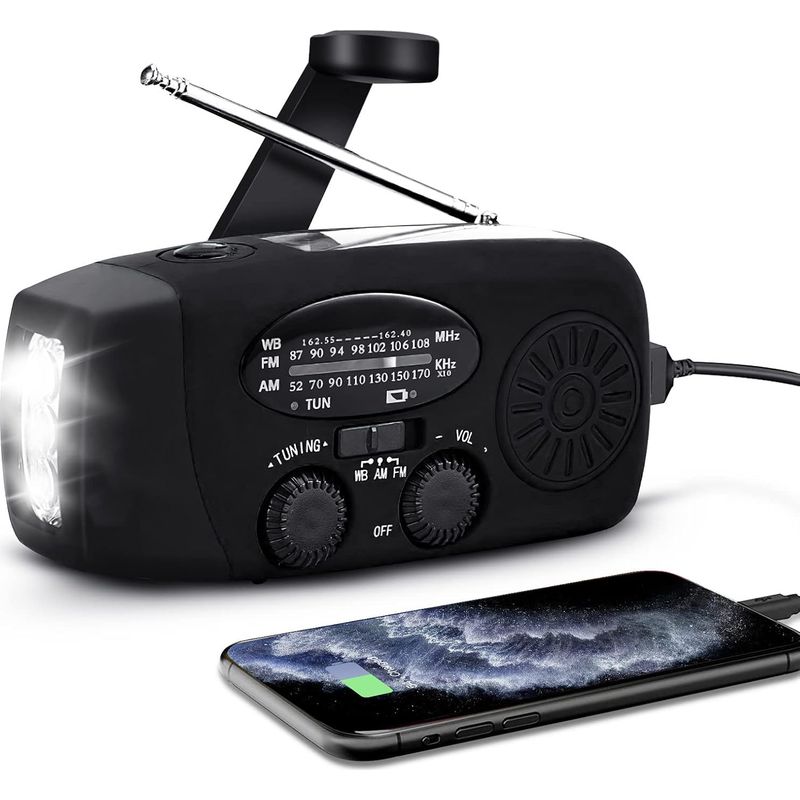 Tragbares, Solarbetriebenes Am/fm/noaa-radio – Handkurbel Und Batterie – 2000-mah-ladegerät – Ipx3-wasserschutz – 60-lumen-led-licht – 3 Leds