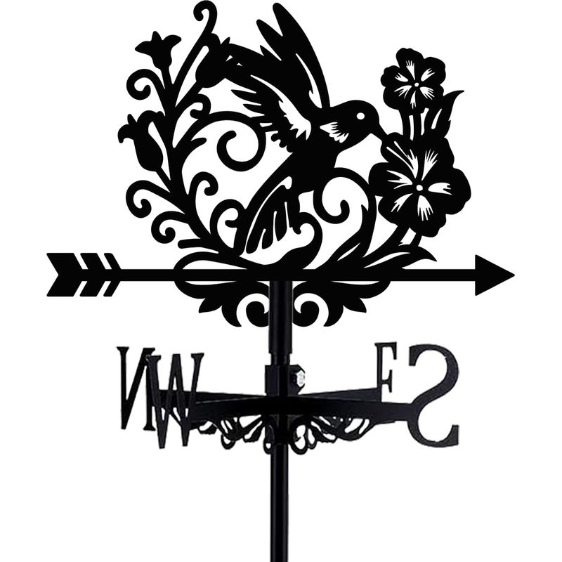 Vogelförmige Wetterfahne – Schwarzer Kolibri – Metall – Mit Blumen – Geeignet Für Gründächer – Wegweiser – Dekorative Windmühle Für Den Außenbereich Mit Ständer