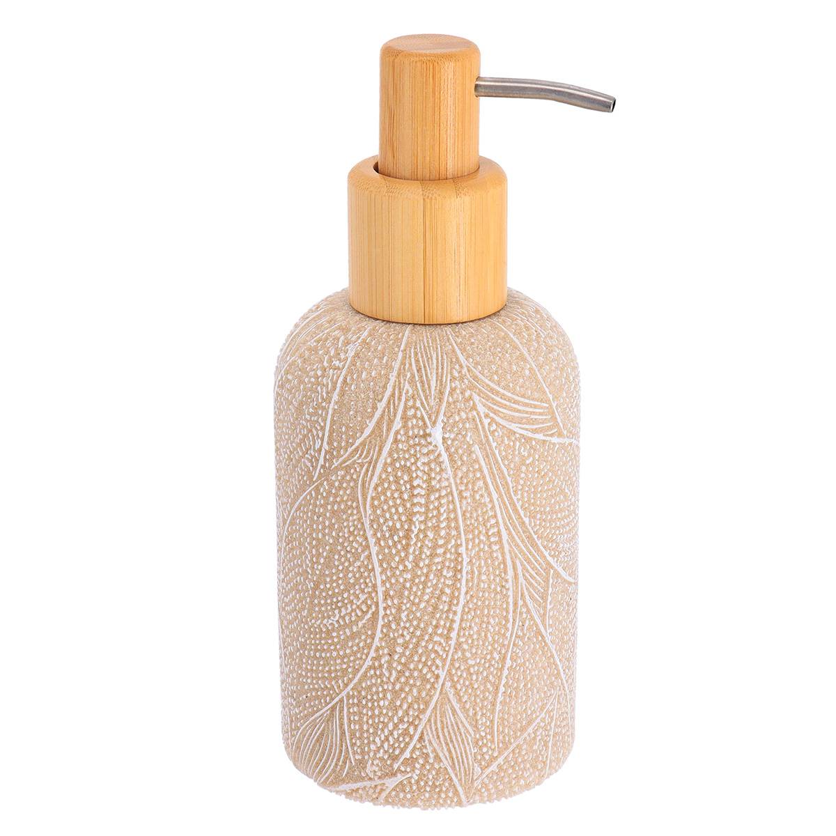 Runder Seifenspender Aus Polyresin Mit Botanischem Aufdruck Und Bambuspumpe, 360 Ml – Beige - Tendance