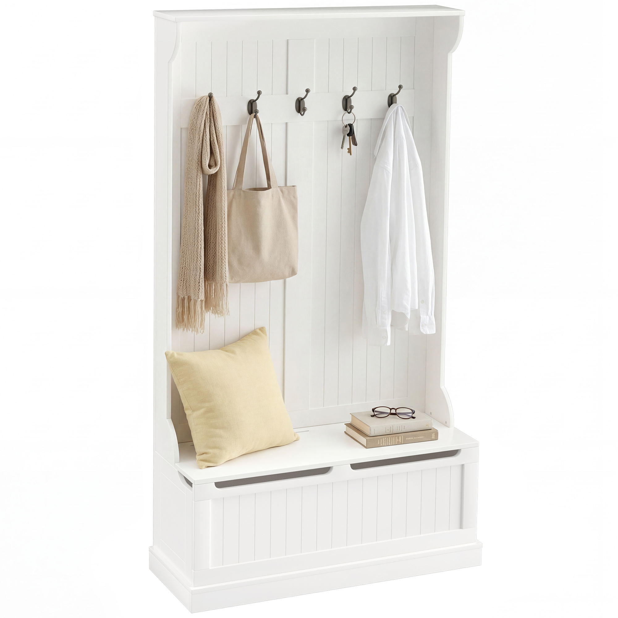 Garderobenbank Flur 3 In 1 Mit 5 Haken Und Stauraum Schuhbank Eingangsbereich 96 X 34 X 179,7 Cm Creme