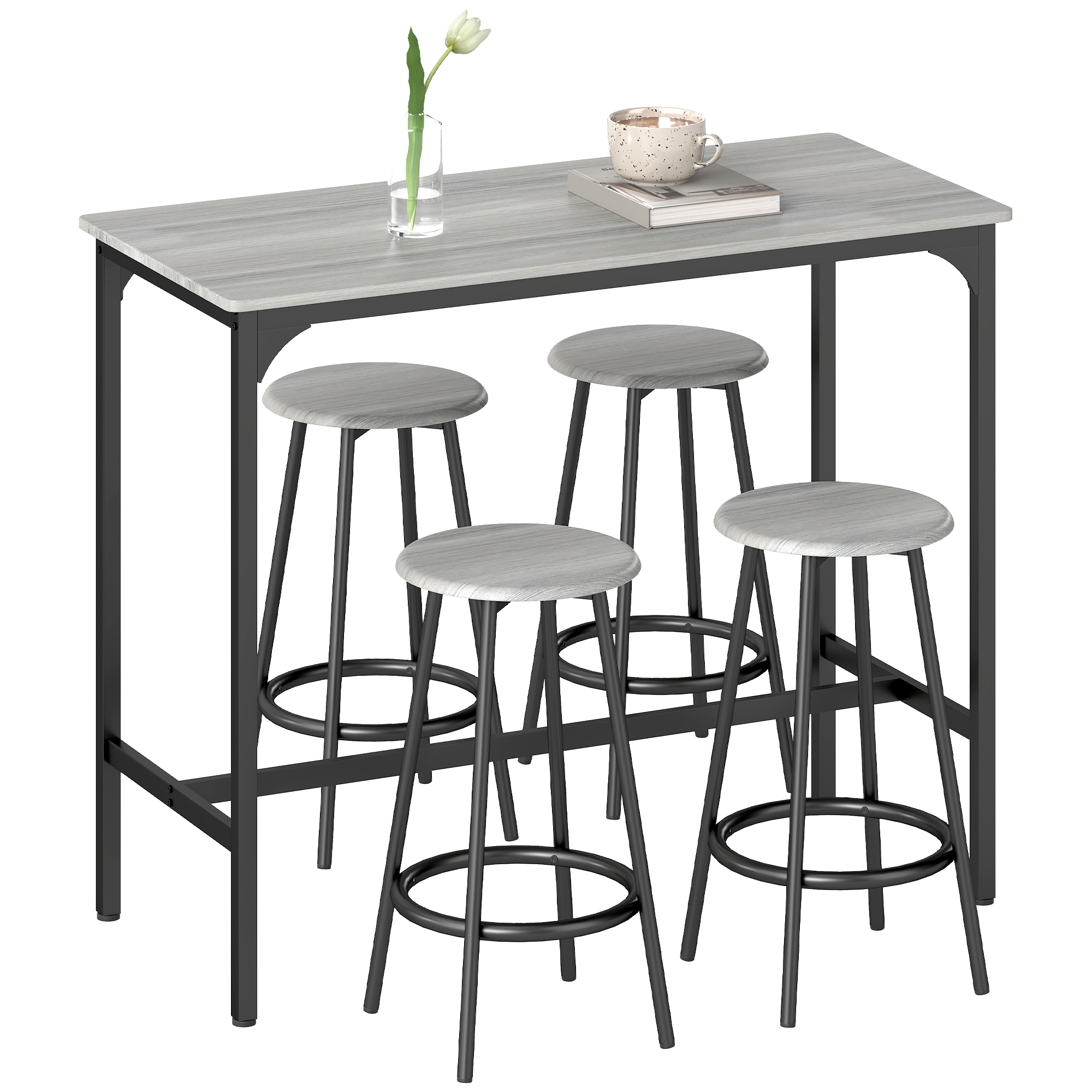 Stehtisch Set Mit 4 Barhockern Fußstütze Aus Schwarzem Metall Und Holzoptik Für Küche Esszimmer