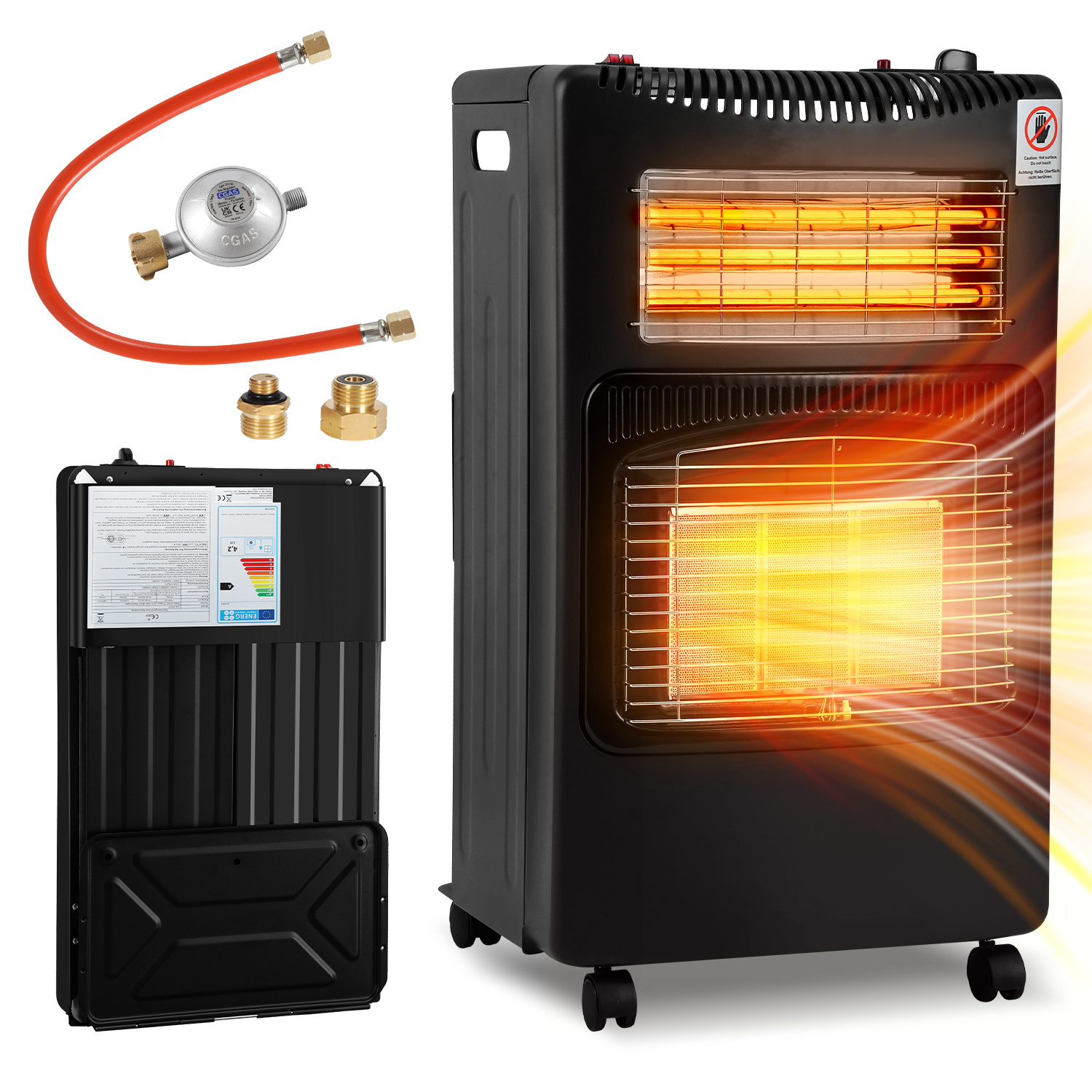 Tolletour Hybrid Gasheizer Mit Quarzheizung, Gas 4,2 Kw + Elektro 1,2 Kw, Faltbar, 4 Rollen, Inkl. 2 Eu-adaptern