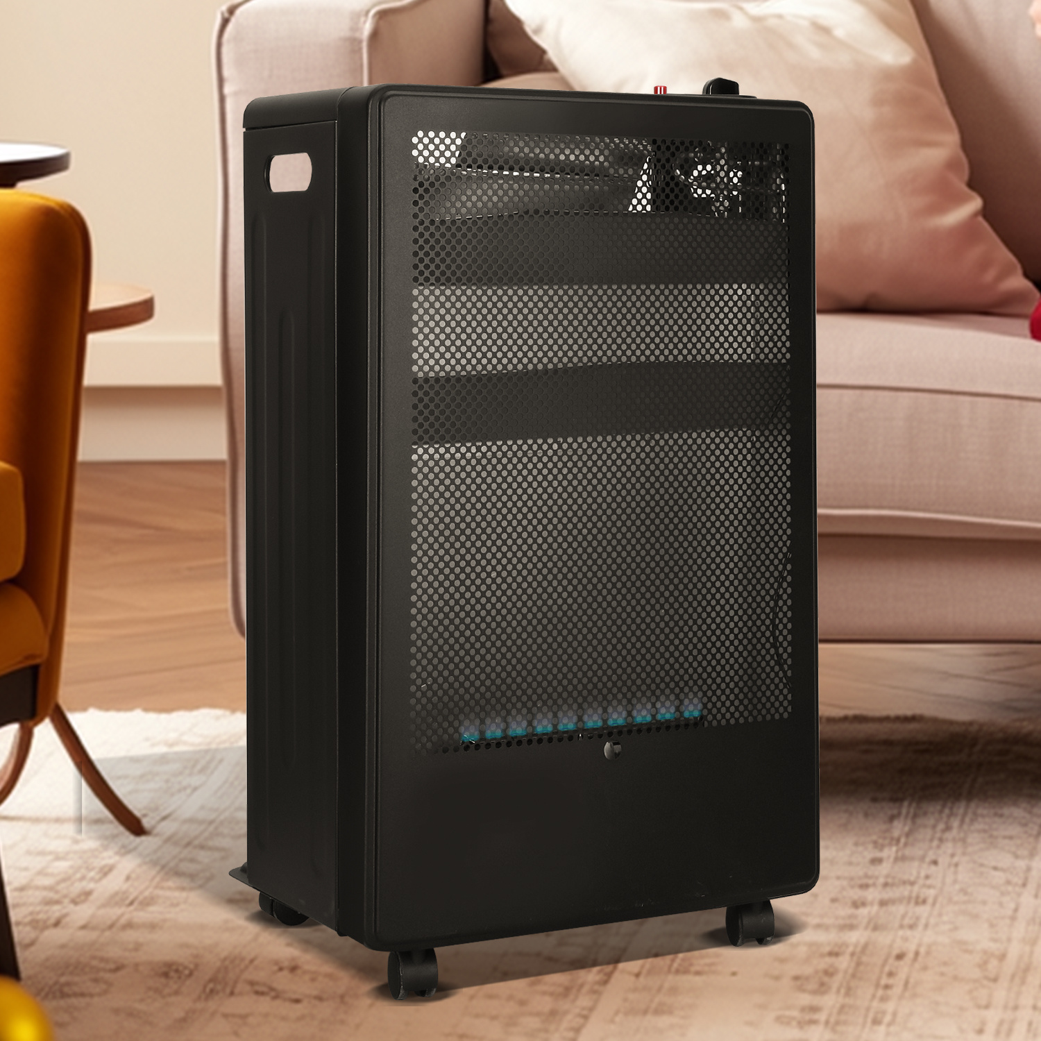 Tolletour Mobile Gasheizung Blue Flame, 2200 W/3800 W, Druckregler & Schlauch, 5 Lenkrollen