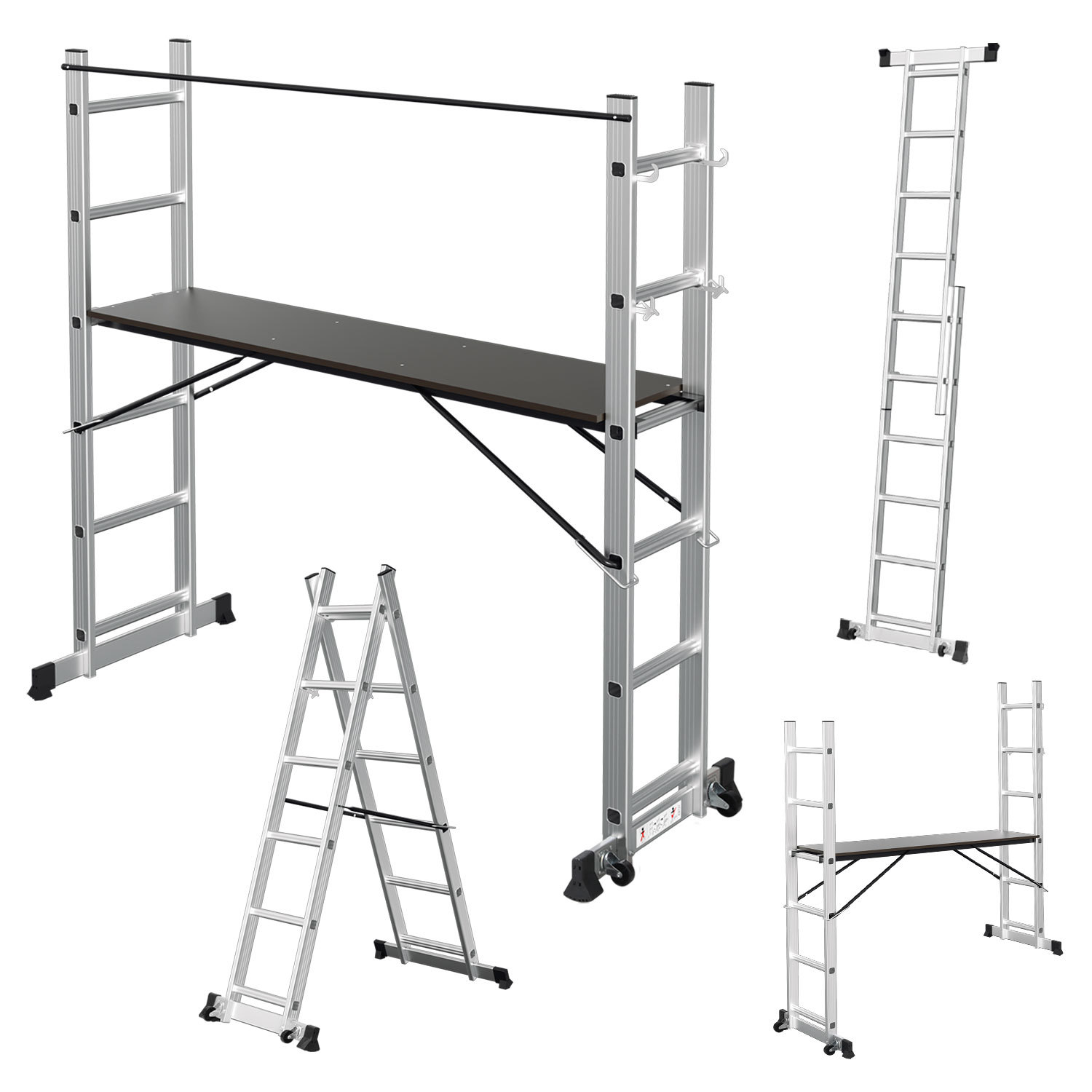 Tolletour Arbeitsgerüst 4-in-1 Aluminium Mehrzweckleiter 2x6 Stufen Mit Plattform,150 Kg,276 Cm,silber