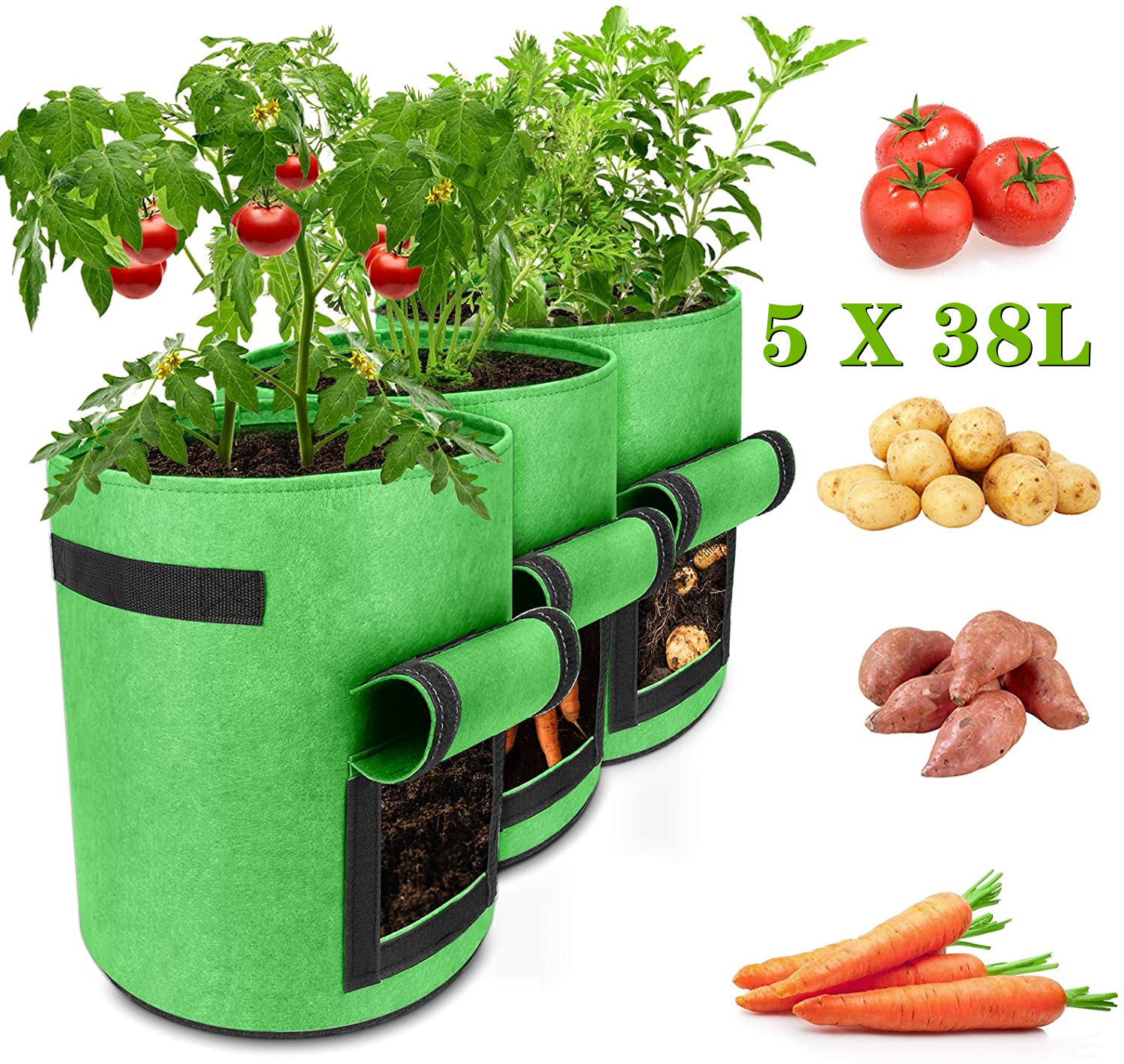 Tolletour 10er Set Pflanzsäcke 38 L Aus Vlies Mit Sichtfenster & Griffen, Kartoffel-pflanztaschen Für Gemüse, Balkon & Garten