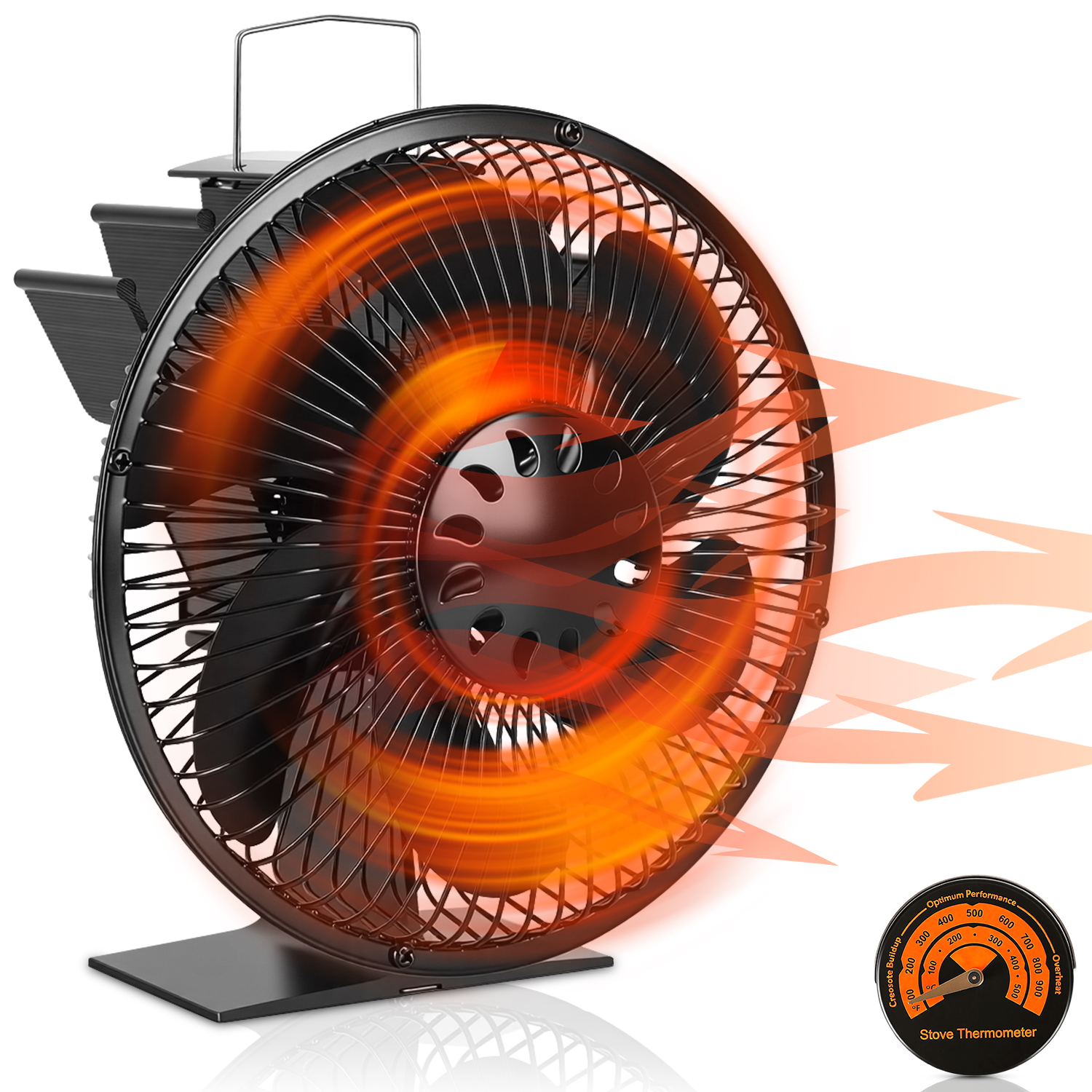 Tolletour Kaminofen Ventilator 6 Flügel Mit Edelstahl-schutzgitter, Wärmebetrieben, Mit Thermometer