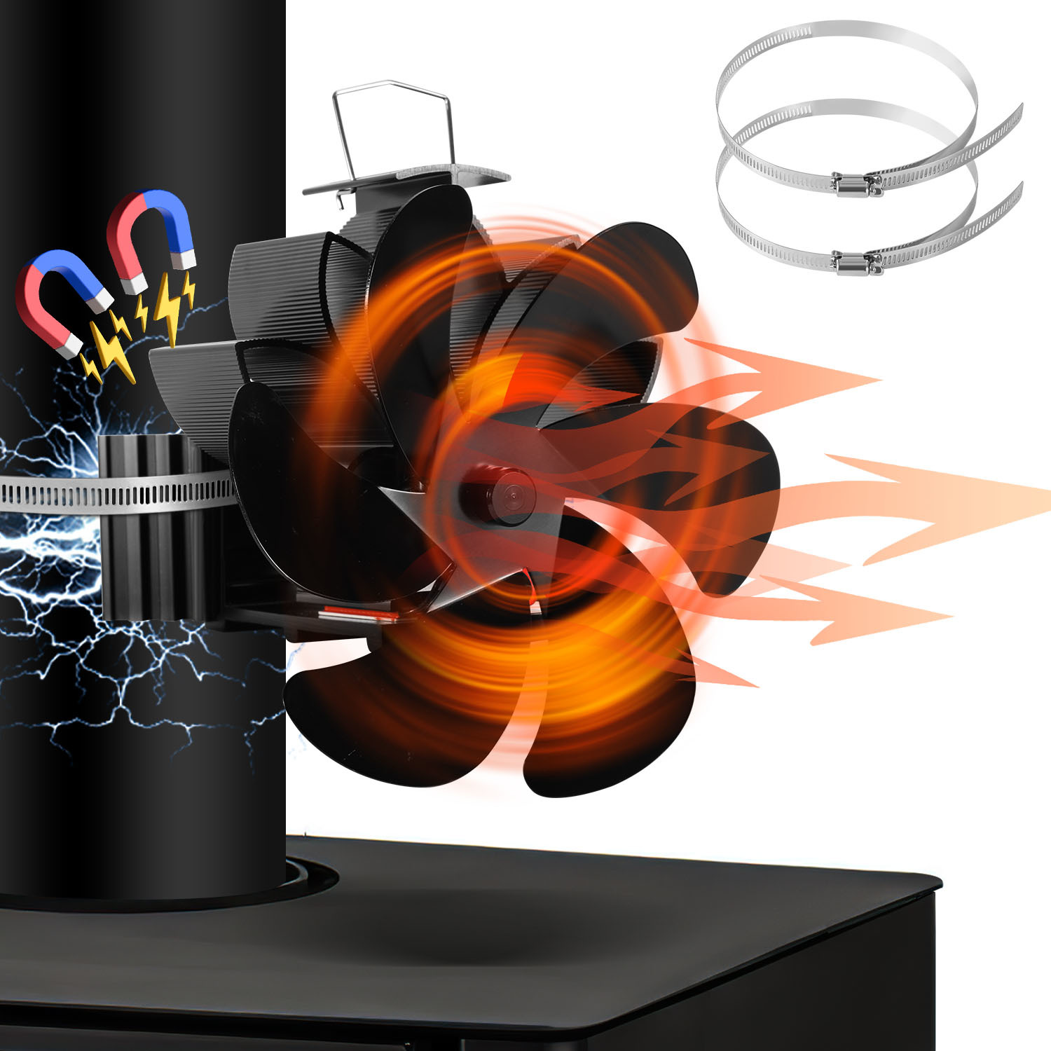 Tolletour Magnetischer 6-flügel Kaminventilator Für Ofenrohr, Wärmebetrieben, Mit 2 Rohrschellen Und Schraubendreher, Schwarz