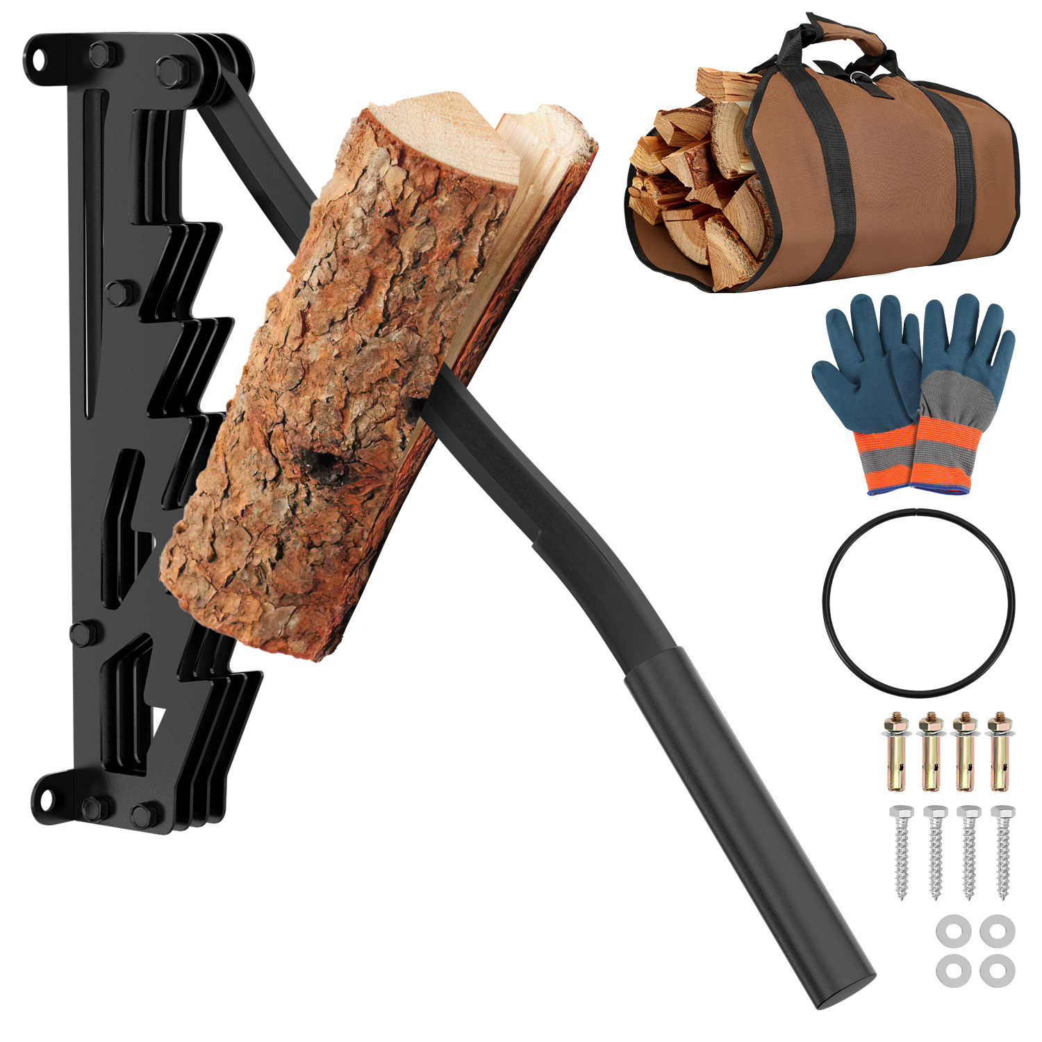 Tolletour Manueller Holzspalter Für Kaminholz Mit Festem Griff Und Zubehör, Wandmontage, Schwarz