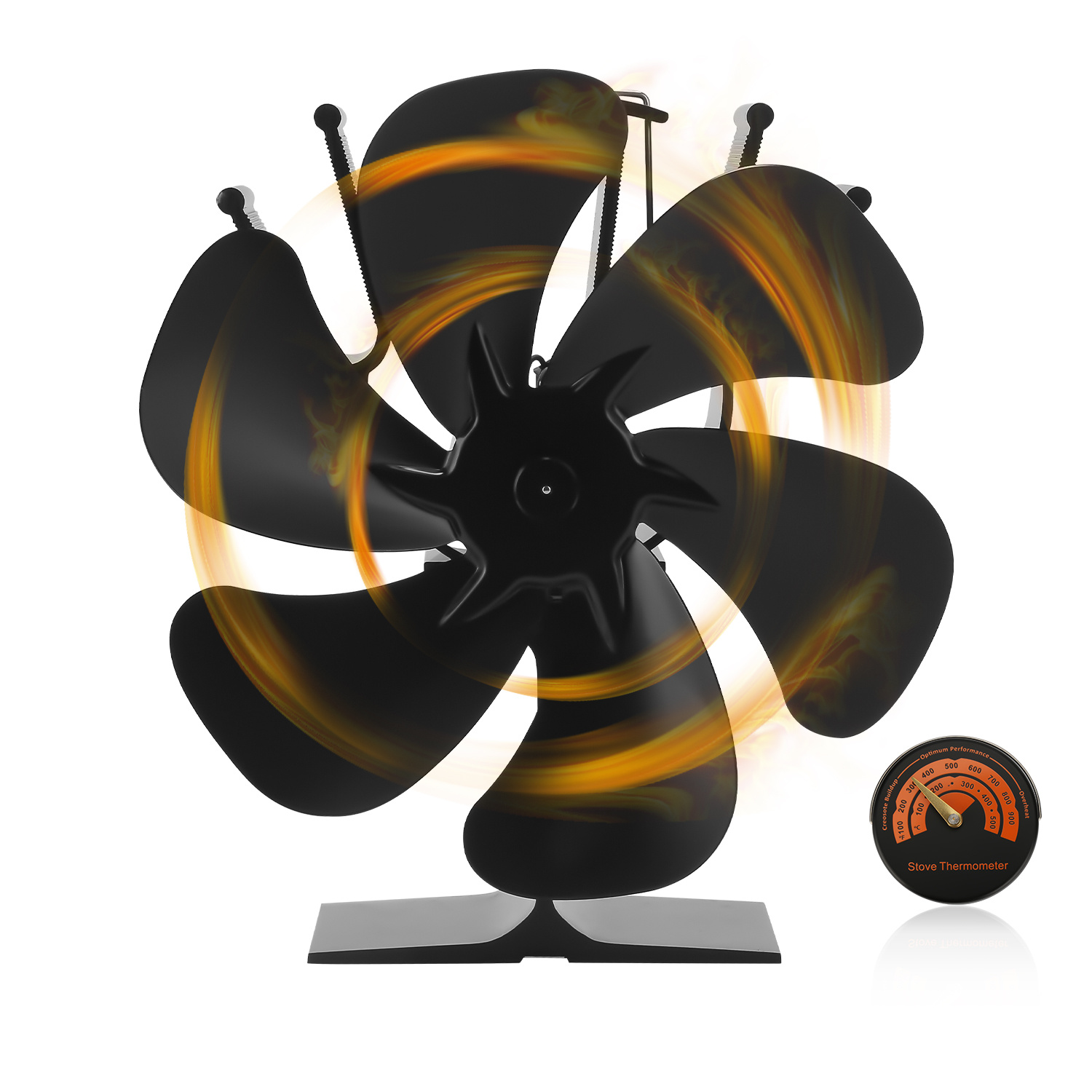 Tolletour Kaminventilator 6 Flügel, Kaminofen Ventilator Wärmebetriebener Ofenventilator Ohne Strom, Mit Ofenthermometer Für Holzofen Und Kaminofen